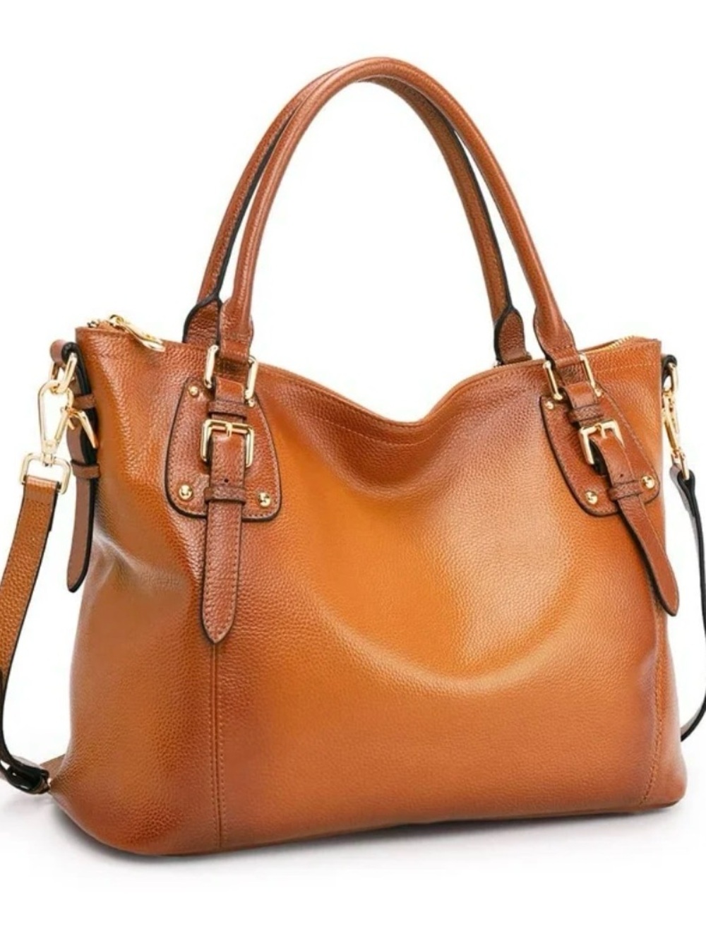 Classic Tan Genuine Leather Tote Bag with Gold Hardware